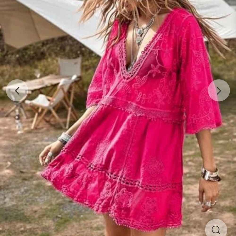 NWT Pink Lace Bathing Suit Swimsuit Cover Up Loose bell sleeves measurements - Picture 7 of 16